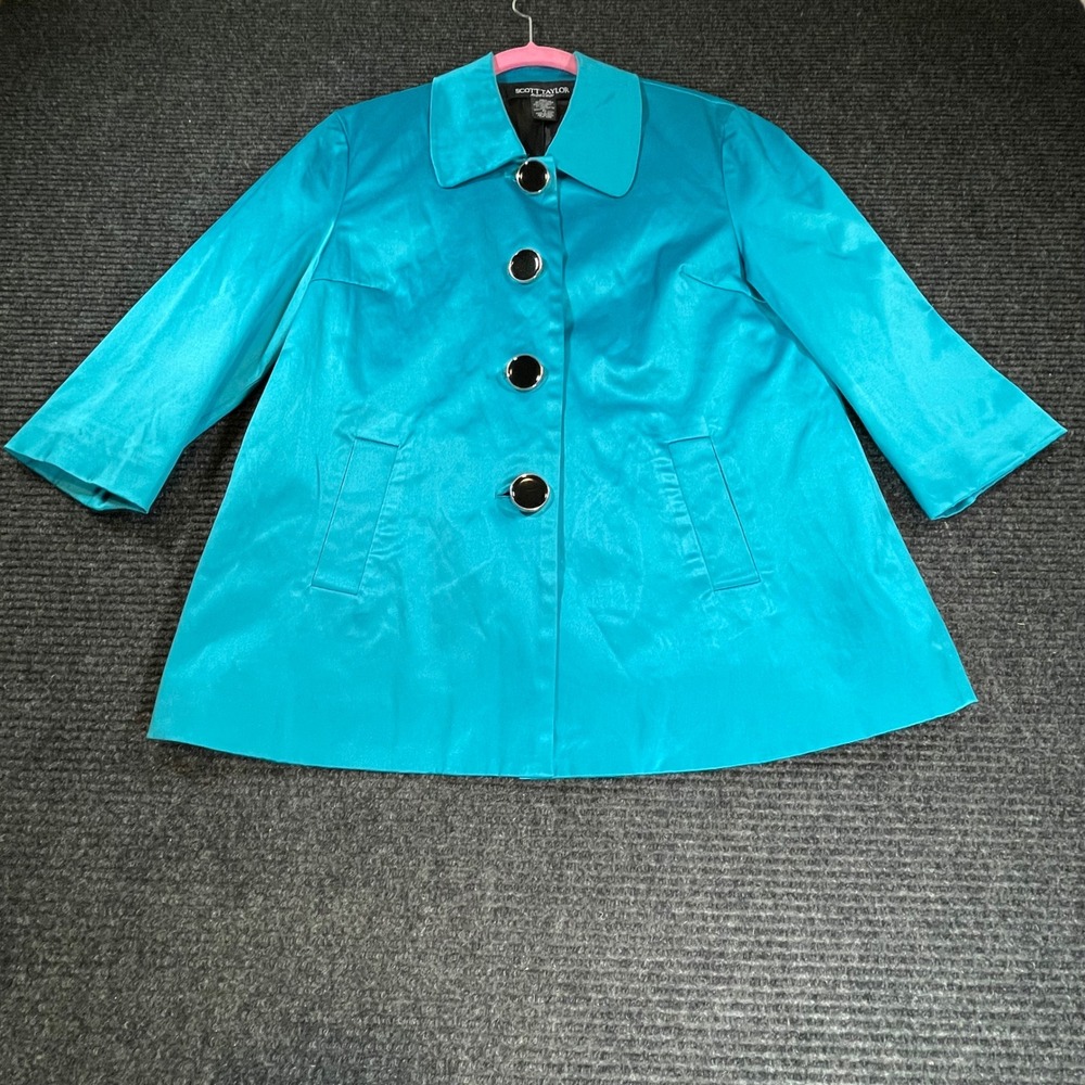 Scott Taylor Petite Turquoise Blue Satin Swing Jacket Oversized Buttons PL
